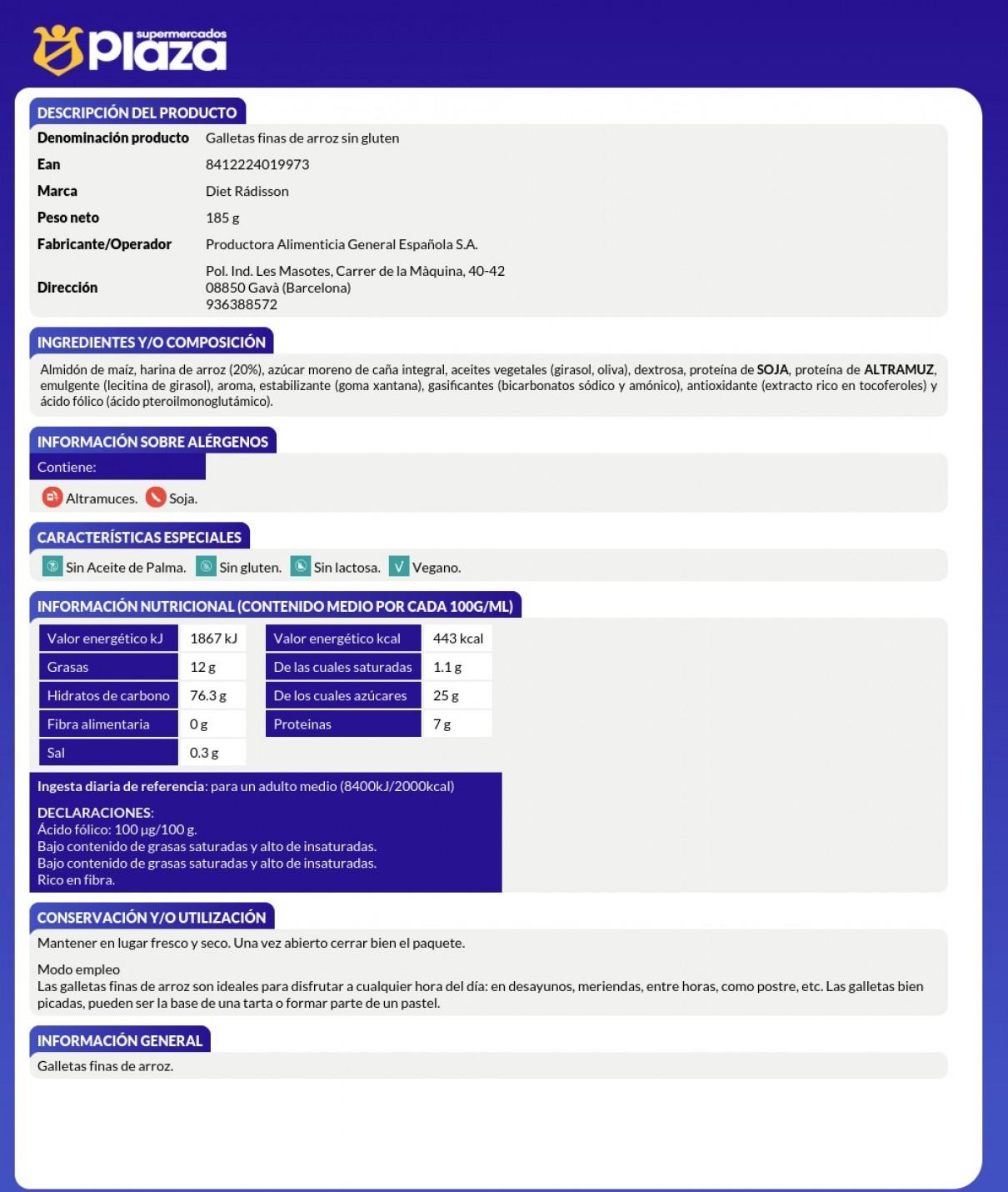 GALLETAS FINAS DE ARROZ SIN GLUTEN , 180G DIAT RADISSON