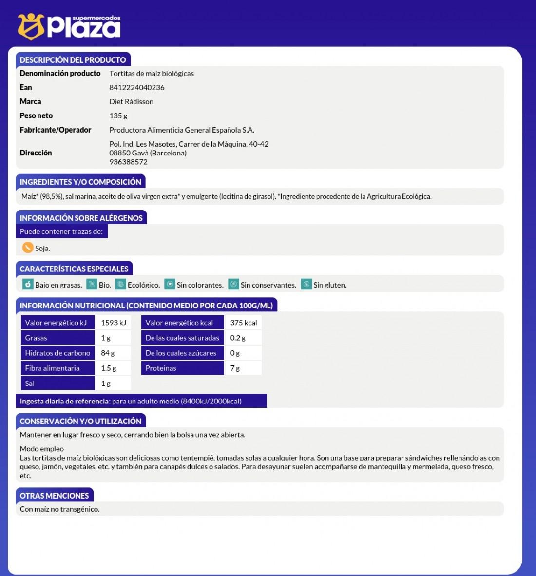 TORTITAS MAIZ BIO SIN GLUTEN, 135G DIAT RADISSON