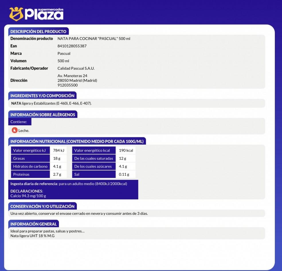 NATA LIQUIDA PARA COCINAR 18%, 500ML PASCUAL