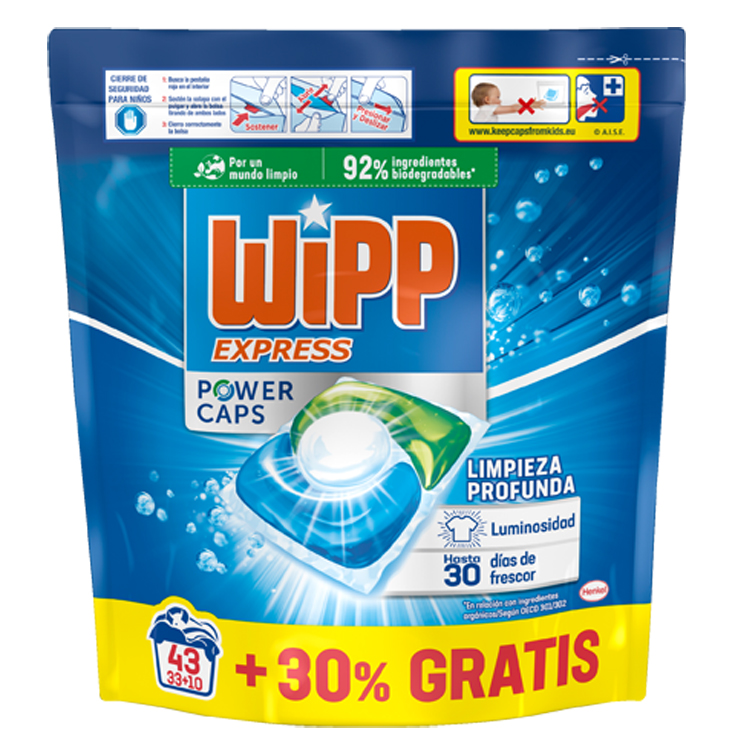 DETERGENTE POWER CAPS LIMPIEZA PROFUNDA, 33+10 DOS WIPP EXPR