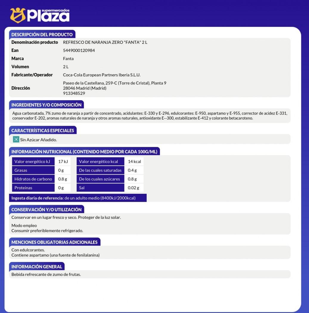 REFRESCO DE NARANJA ZERO, 2L FANTA