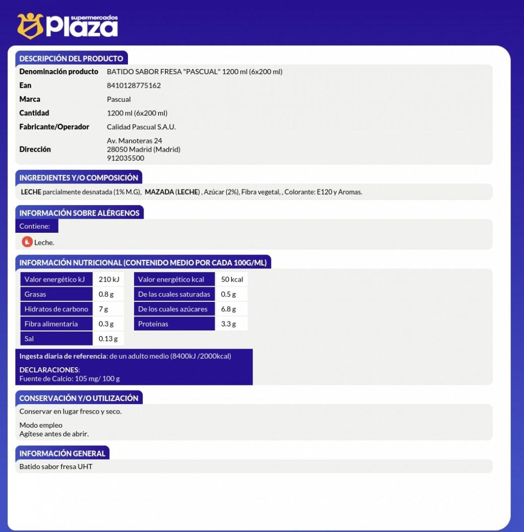 BATIDOS DE FRESA, 6X200ML PASCUAL