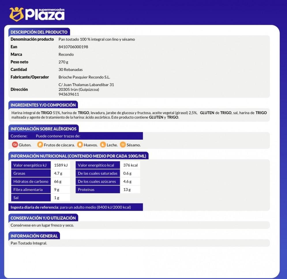 PAN TOSTADO INTEGRAL 100%, 30REB RECONDO