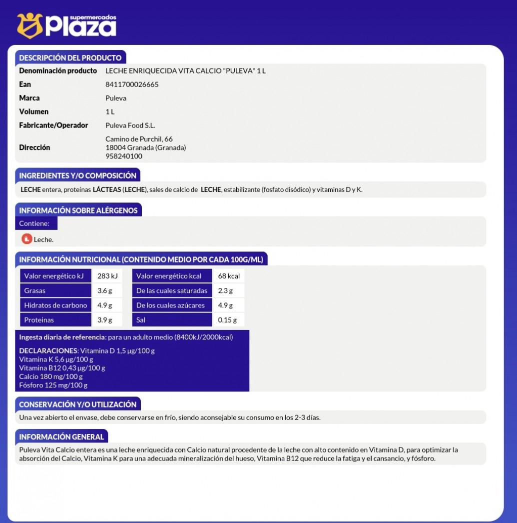 LECHE ENTERA CON CALCIO VITACALCIO, 1L PULEVA