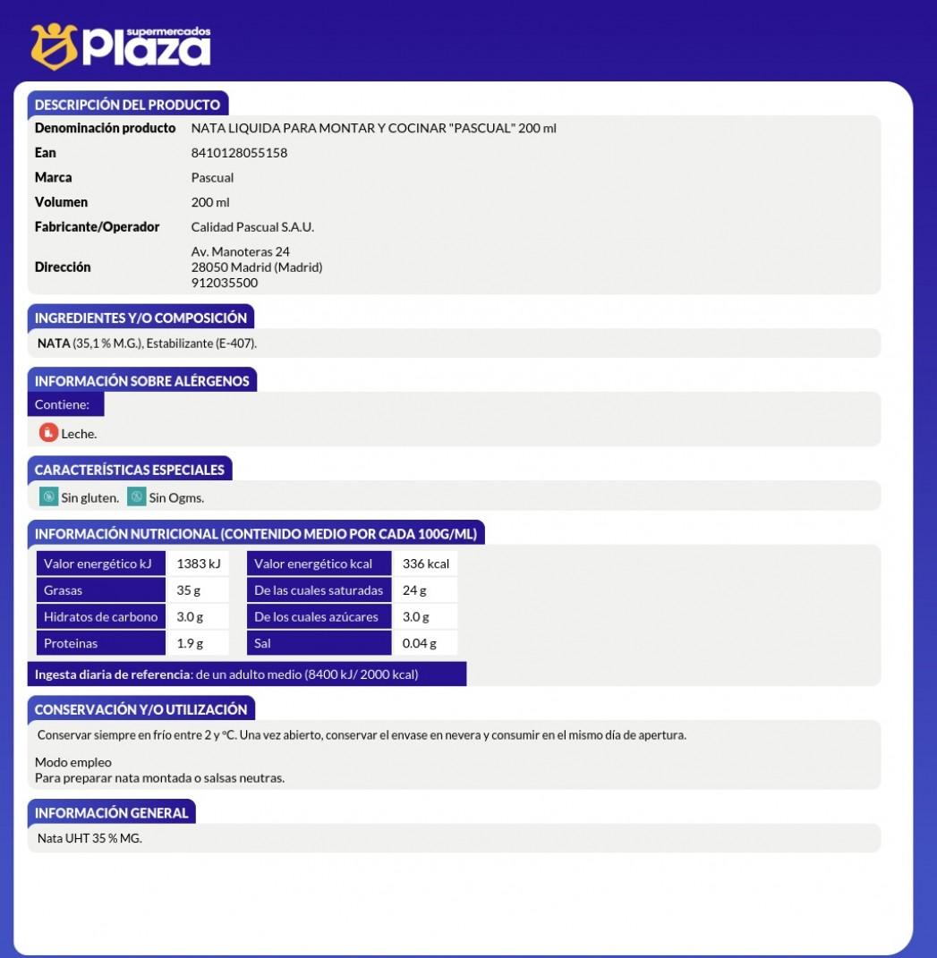 NATA LIQUIDA PARA MONTAR 35% MG, 200ML PASCUAL