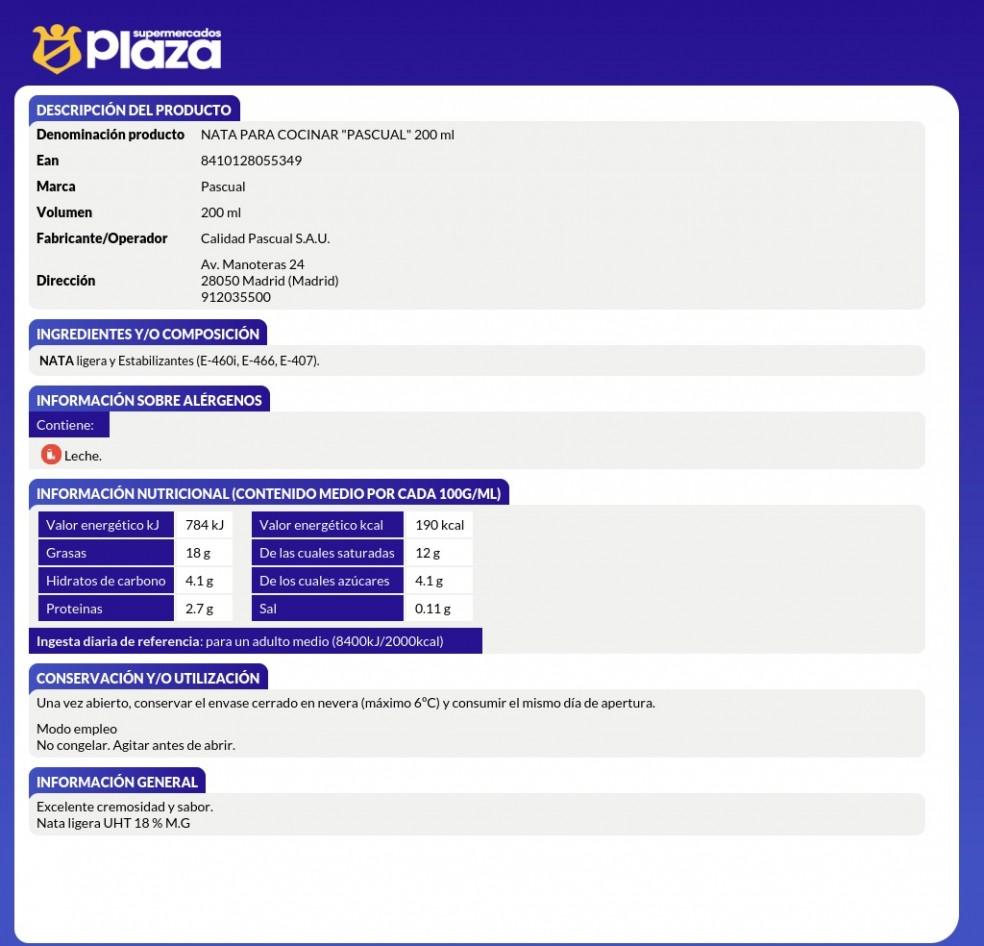 NATA LIQUIDA PARA COCINAR 18% MG, 200ML PASCUAL