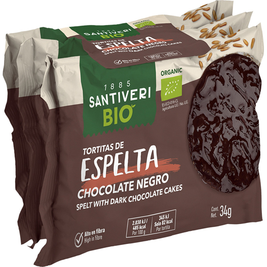 TORTITAS ESPELTA CHOCO NEGRO, 3X34G SANTIVERI