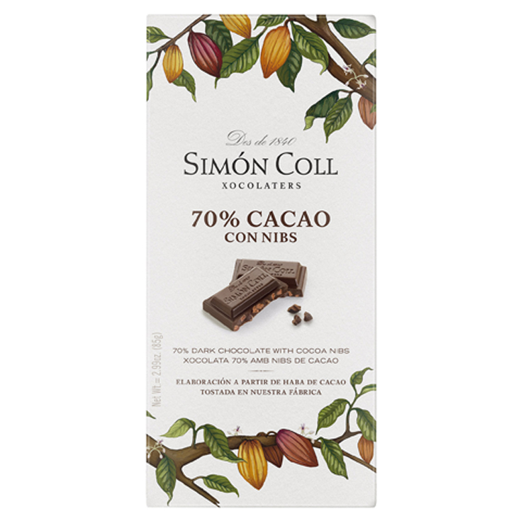 CHOCOLATE 70% CACAO CON NIBS, 85G SIMON COLL