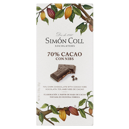 CHOCOLATE 70% CACAO CON NIBS, 85G SIMON COLL