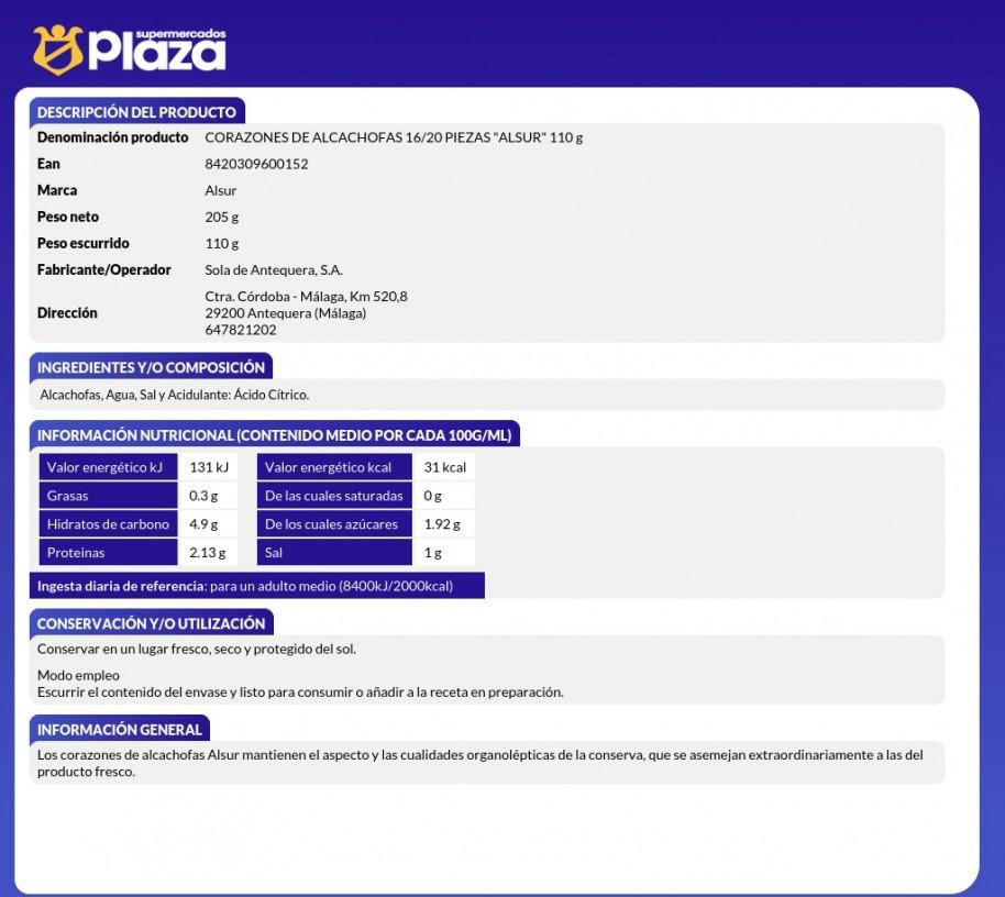 CORAZONES DE ALCACHOFA 18/22, 160GR ALSUR