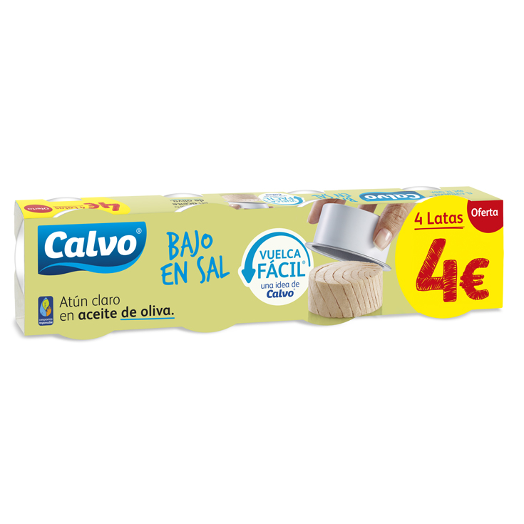 ATUN CLARO ACEITE OLIVA BAJO SAL, 4X52G CALVO