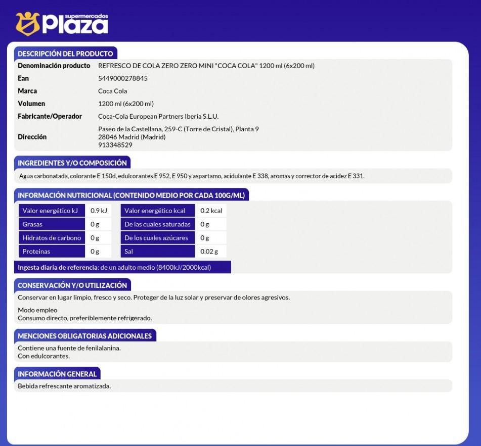 REFRESCO DE COLA ZERO, 6X200ML COCA COLA