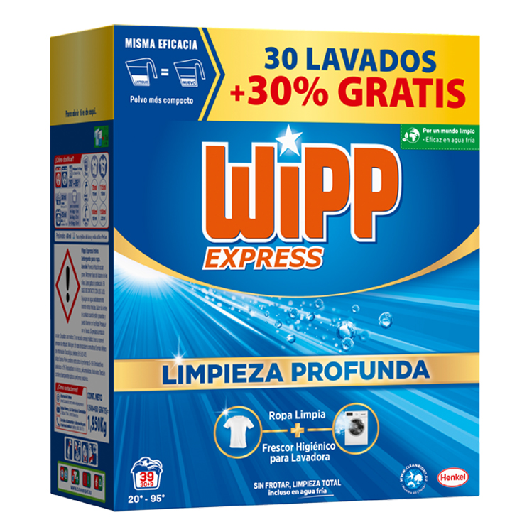DETERGENTE EN POLVO PARA LAVADORA 30 + 9 DOSIS WIPP EXPRESS