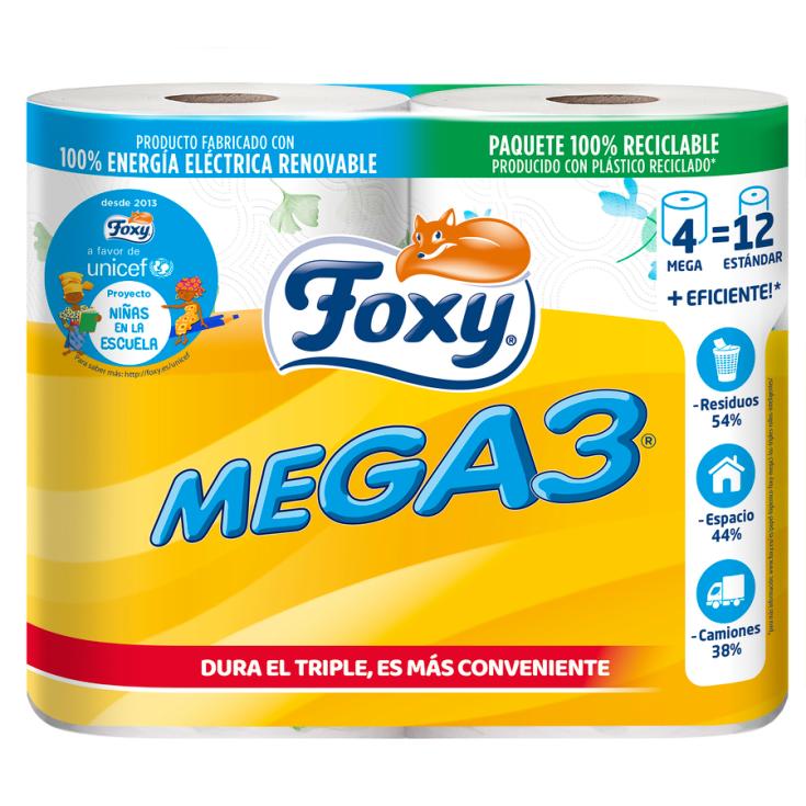 PAPEL HIGIENICO MEGA3 TRIPLE ROLLO, 4 ROLLOS FOXY