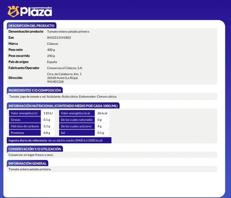 TOMATE NATURAL, 240GR CIDACOS