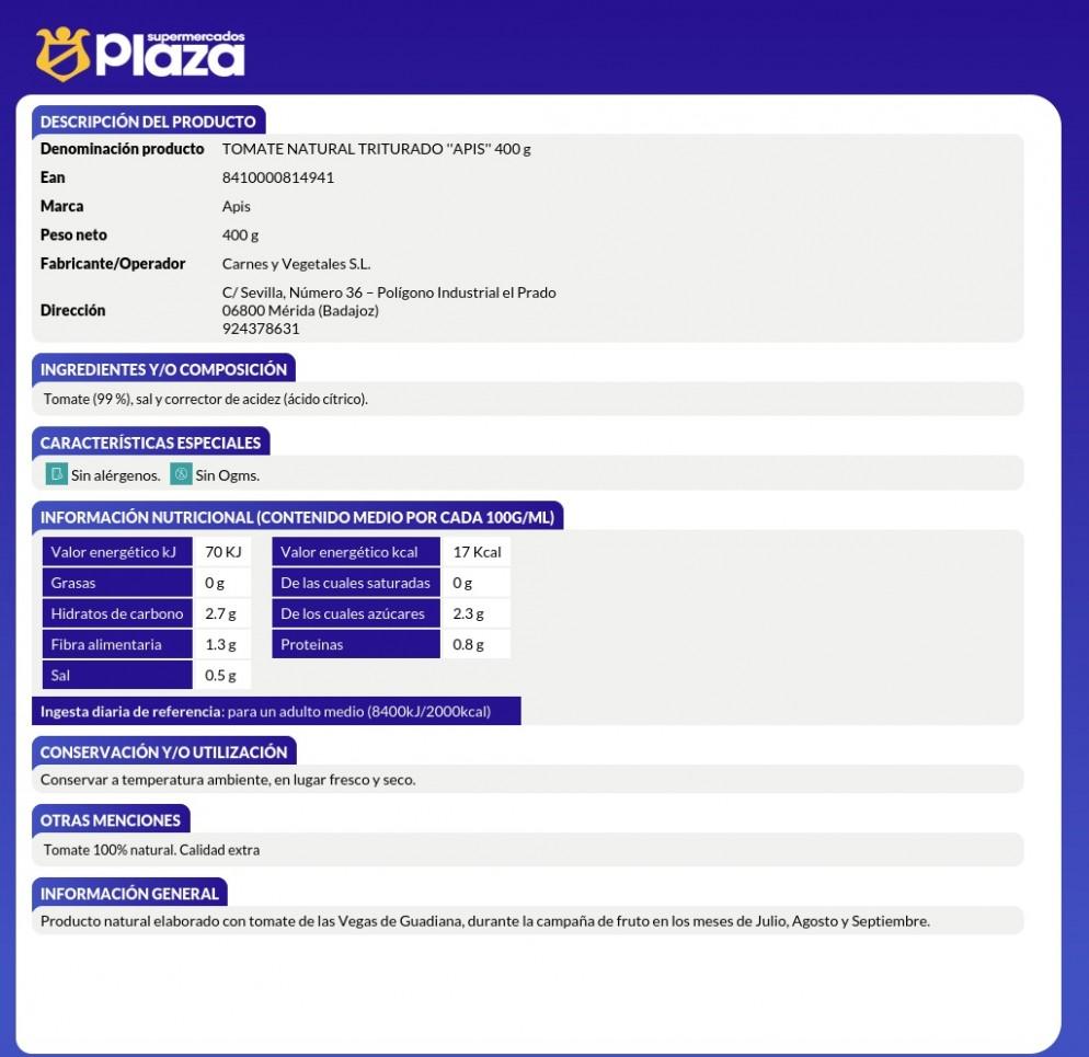 TOMATE NATURAL TRITURADO, 400GR APIS
