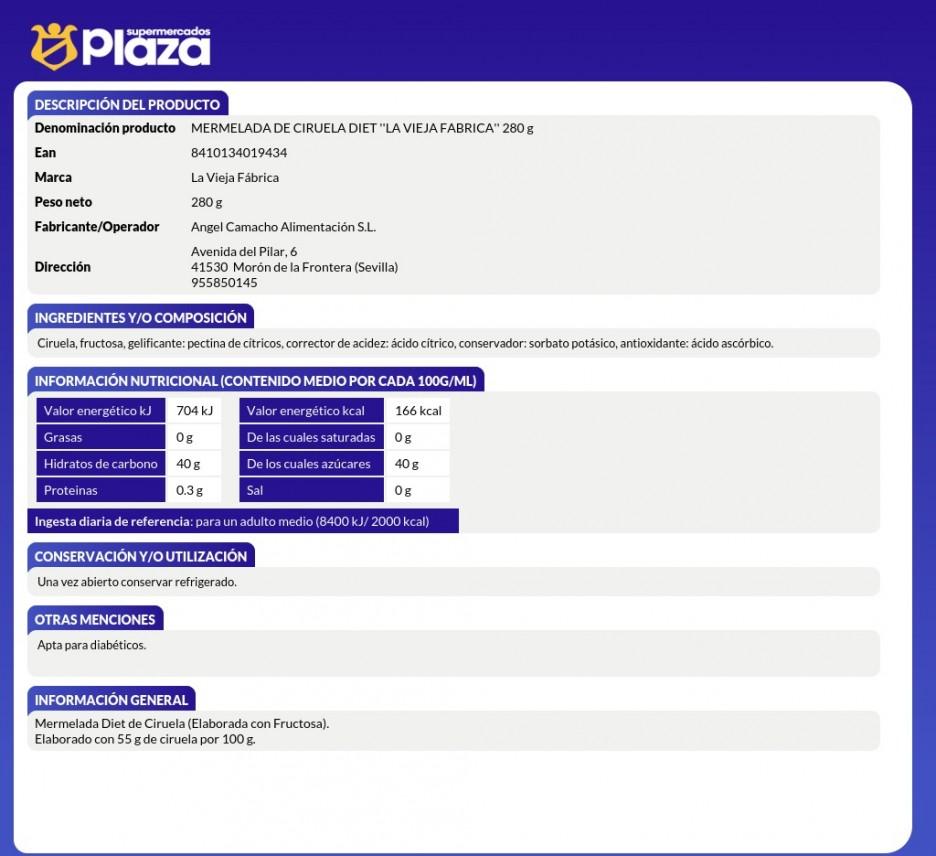 MERMELADA DIET CIRUELA, 280GR LA VIEJA FABRICA