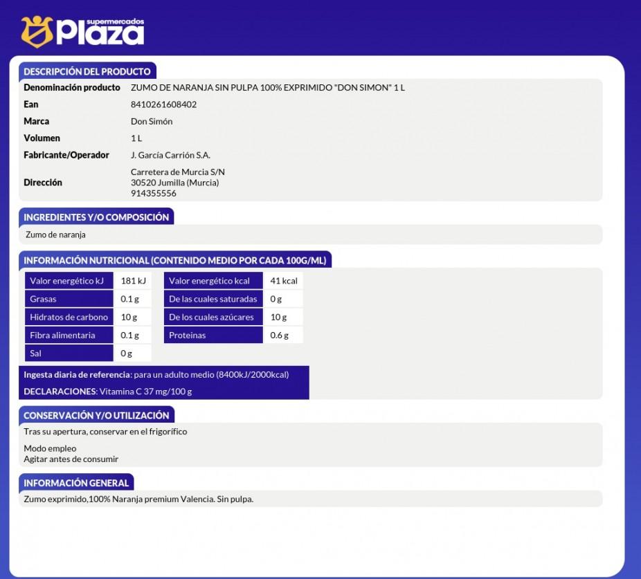ZUMO EXPRIMIDO DE NARANJA SIN PULPA, 1L DON SIMON