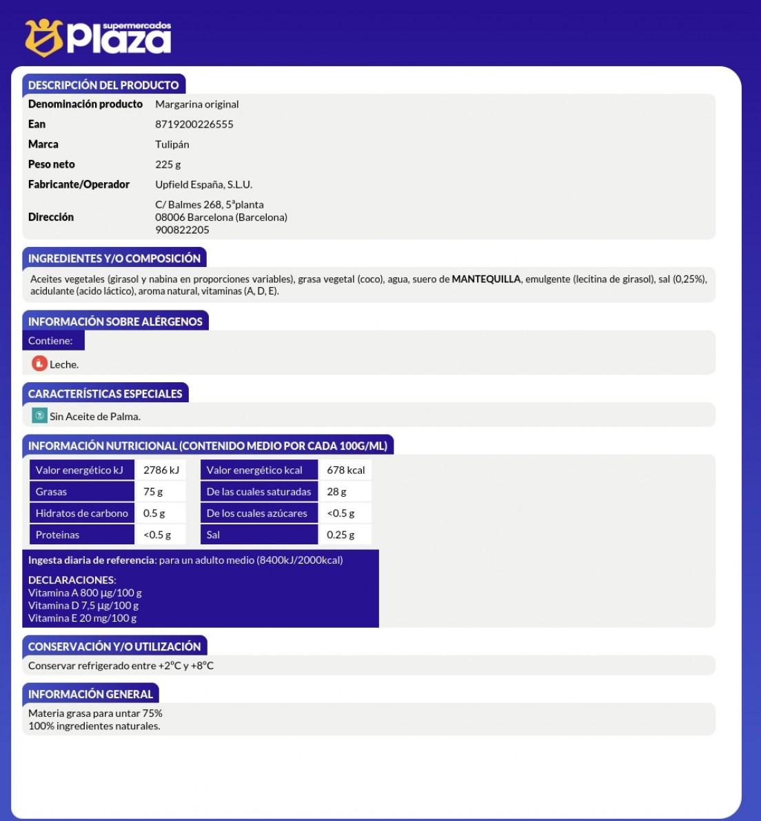 MARGARINA SIN ACEITE DE PALMA ,225G TULIPÁN