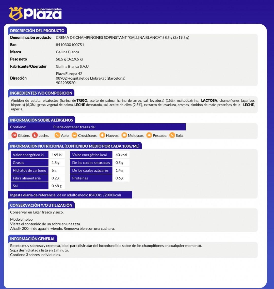 CREMA DE CHAMPIÑONES SOPINSTANT, 57GR GALLINA BLANCA