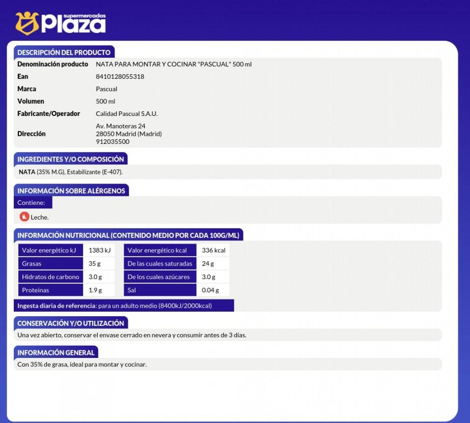 NATA LIQUIDA PARA MONTAR 35%, 500ML PASCUAL