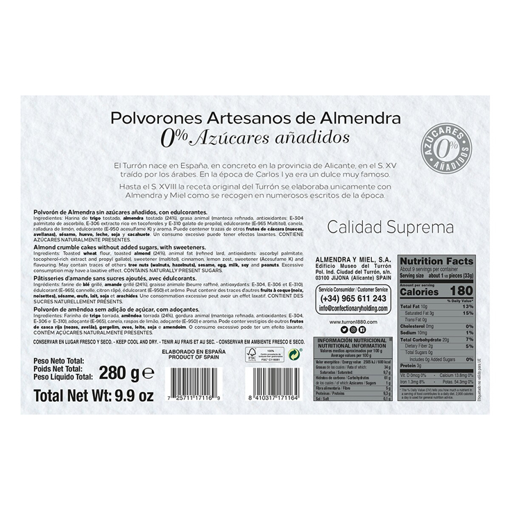 POLVORONES DE ALMENDRA SIN AZUCARES, 280G 1880
