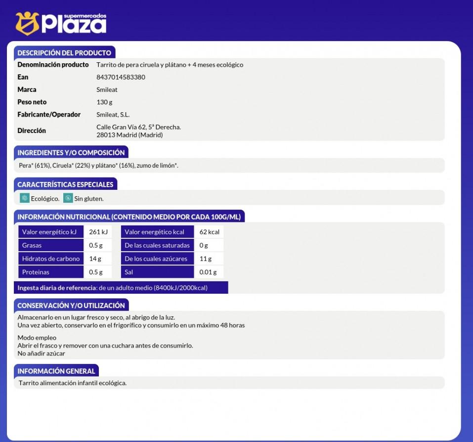 TARRITO PERA-CIRUELA-PLATANO ECO, 130GR SMILEAT