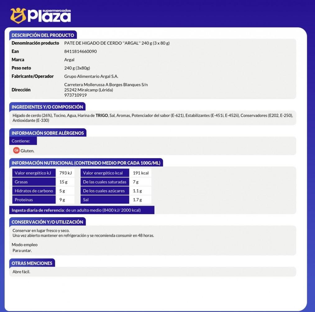 PATE HIGADO DE CERDO P3 , 240G ARGAL