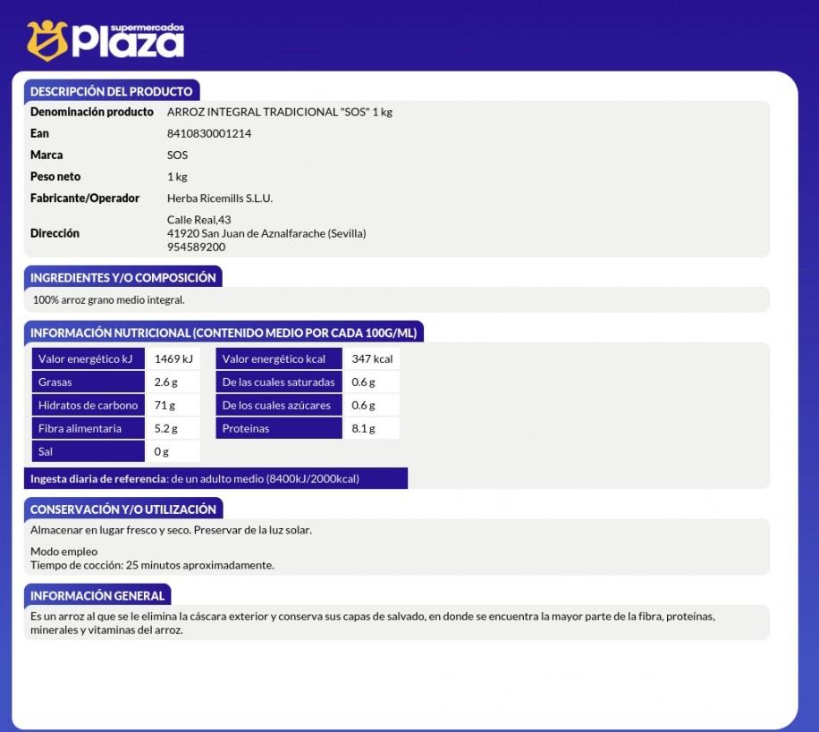 ARROZ INTEGRAL, 1KG SOS