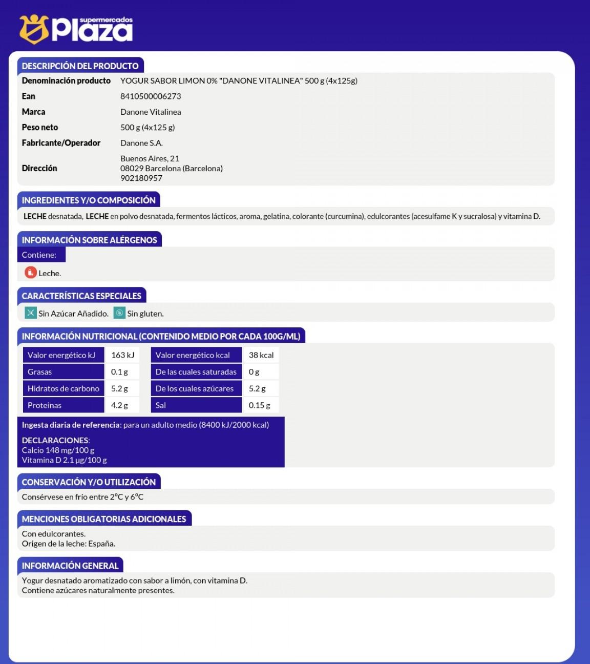 VITALINEA SABOR LIMON 0%, 4X120GR DANONE